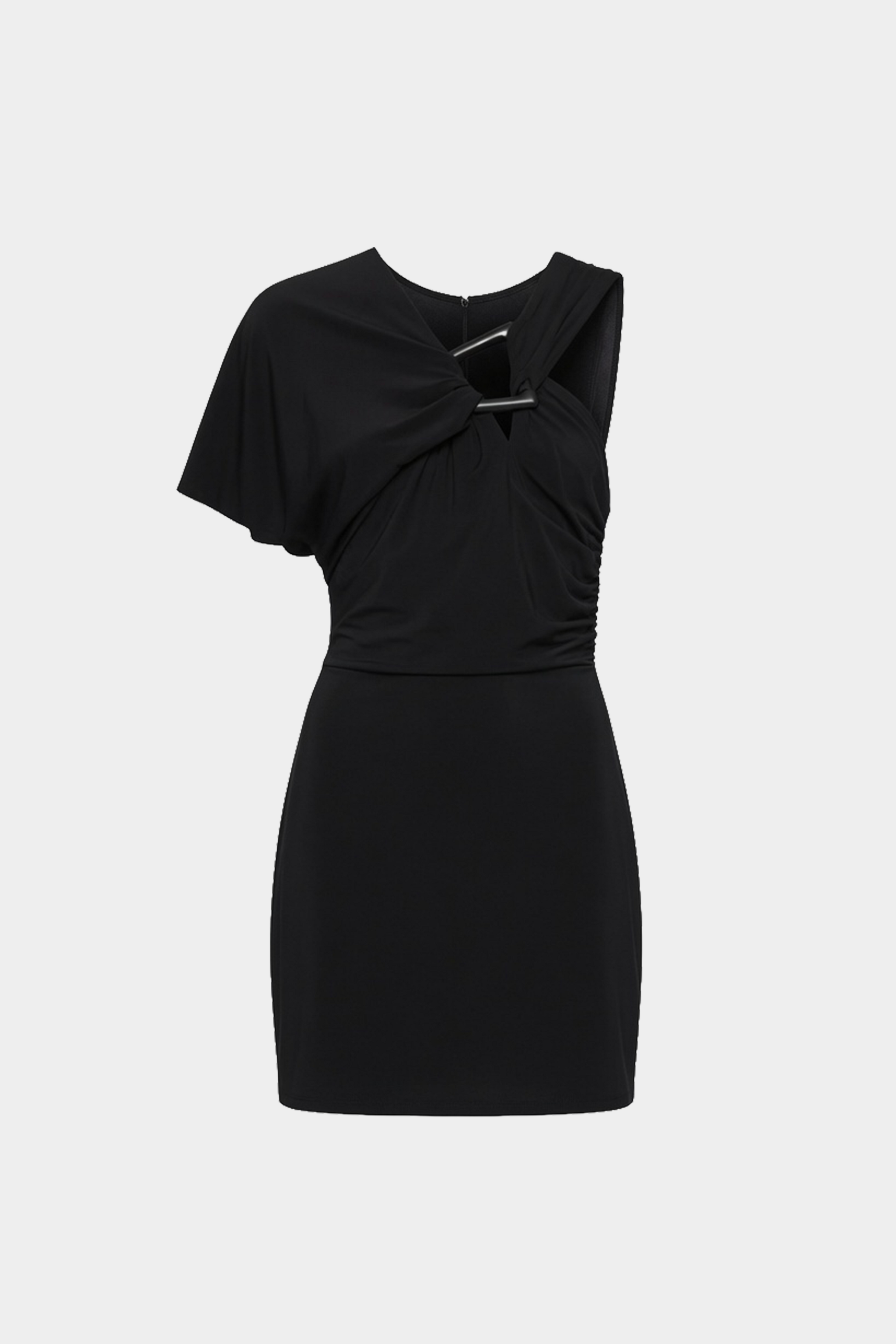Black asymmetric mini dress flat lay with short sleeves and draped neckline knot