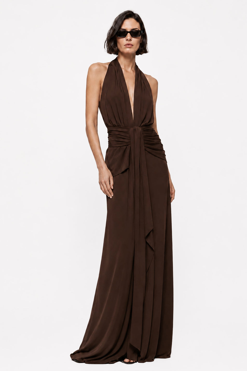 Chocolate halter gown with draped waist and side tie, sleeveless, full length