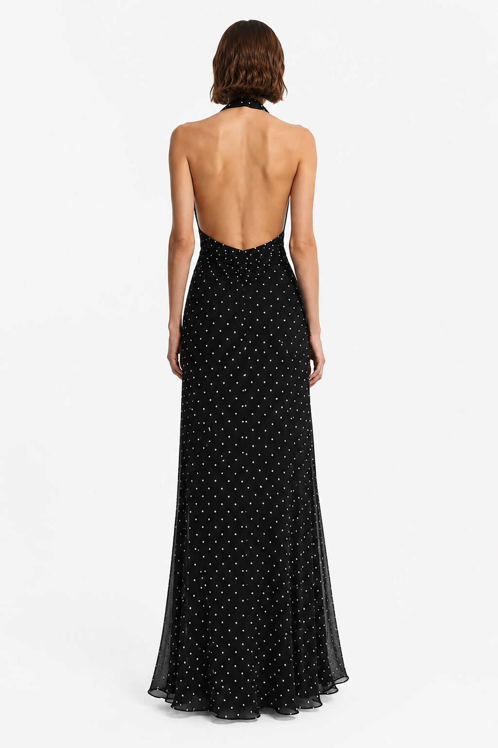 Black sleeveless maxi dress, open back with dotted allover print