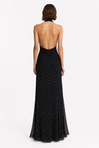 Black sleeveless maxi dress, open back with dotted allover print