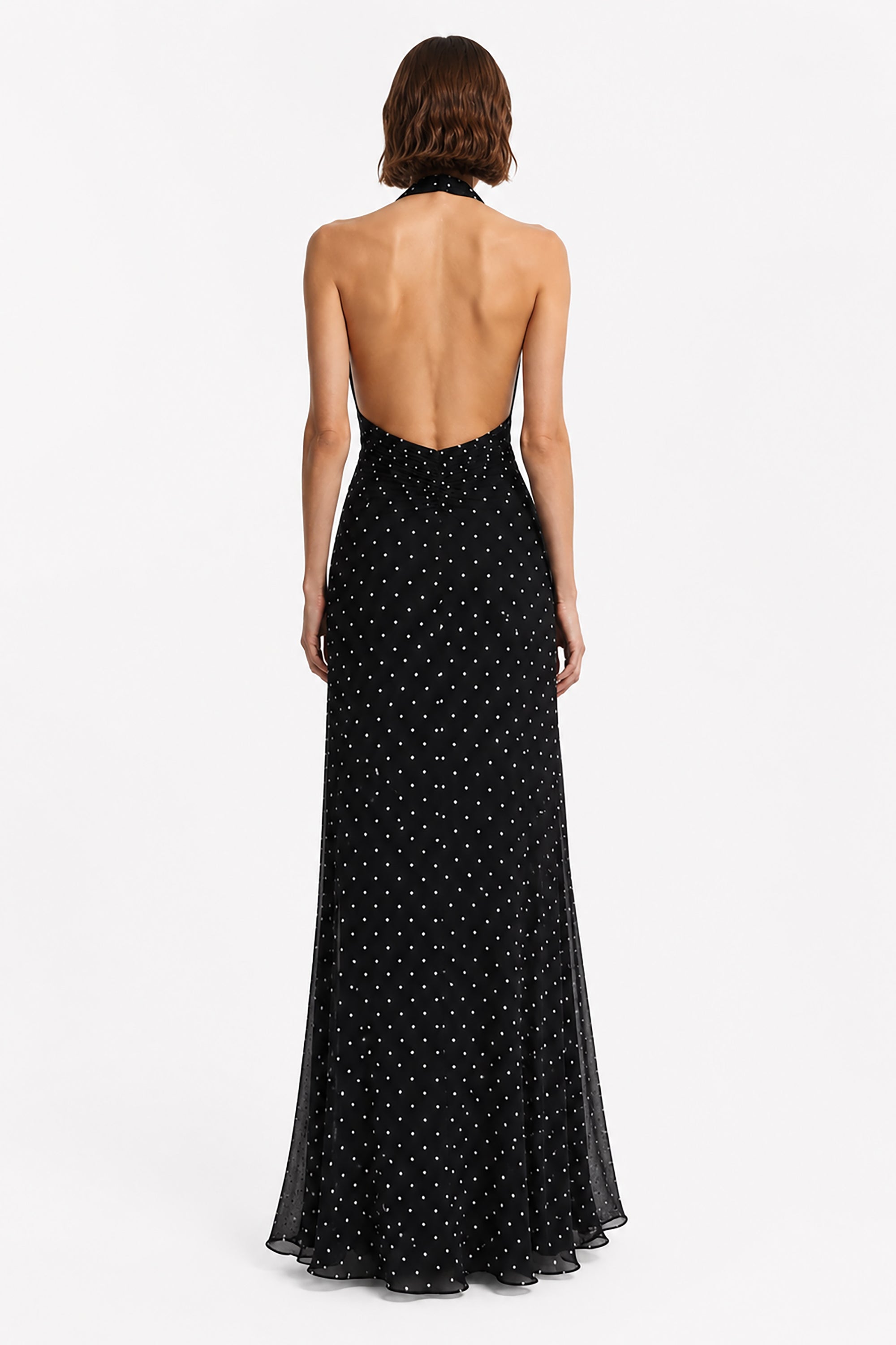 Black sleeveless maxi dress, open back with dotted allover print