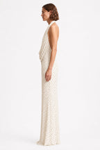Ivory sleeveless maxi dress with V-neck and tiny dot print, side view.