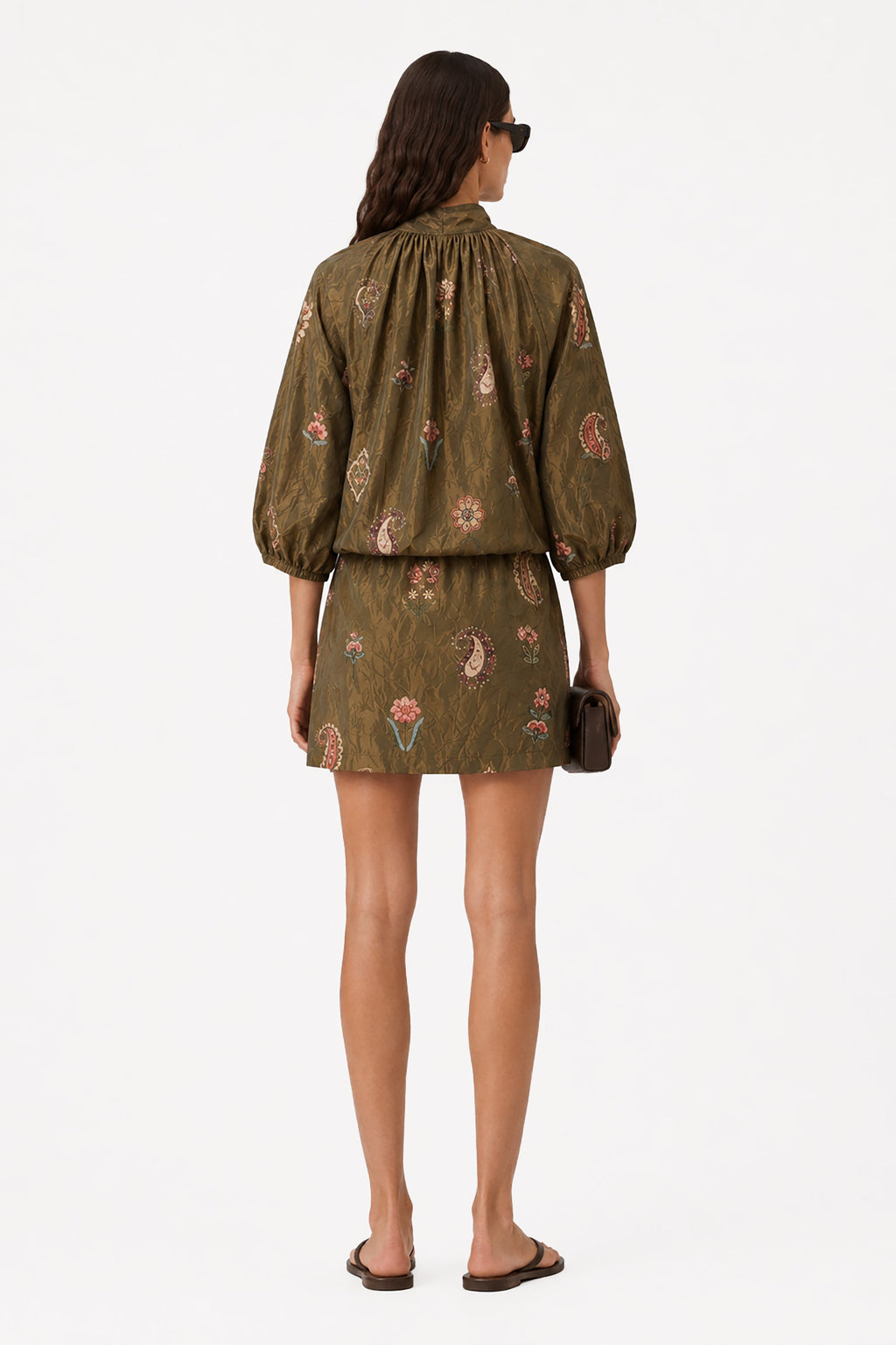 Olive mini dress, back view, high neck ruffle, long puff sleeves, floral print