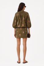 Olive mini dress, back view, high neck ruffle, long puff sleeves, floral print