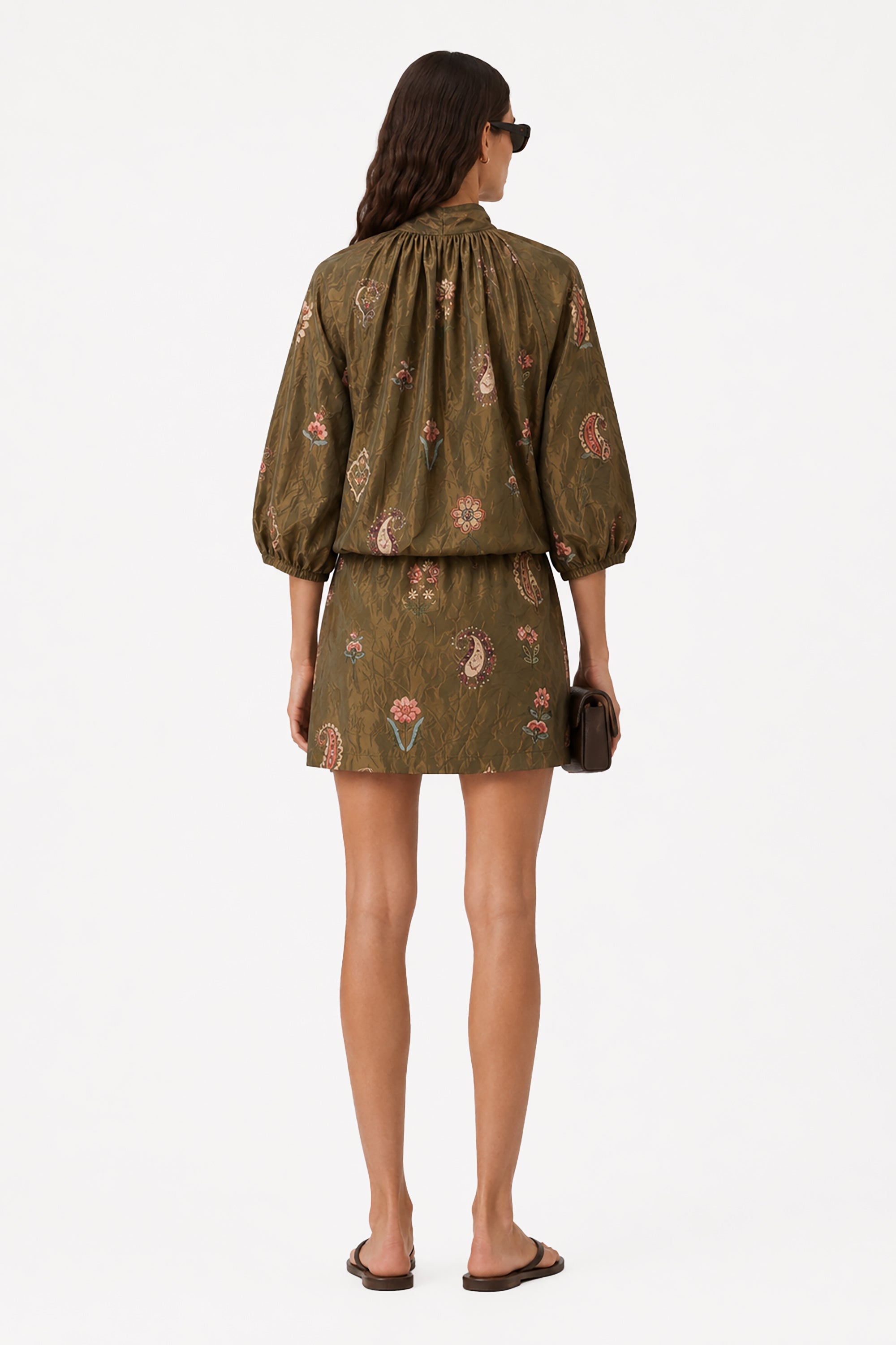 Olive mini dress, back view, high neck ruffle, long puff sleeves, floral print
