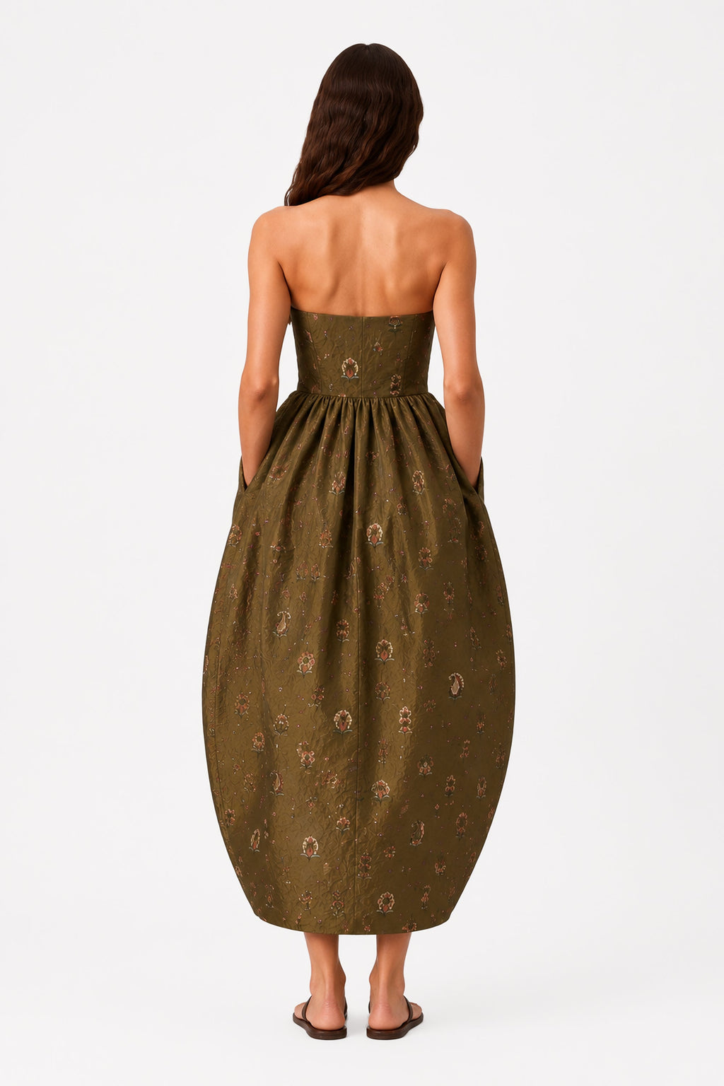 Back view: olive strapless taffeta dress with open back and gathered midi skirt