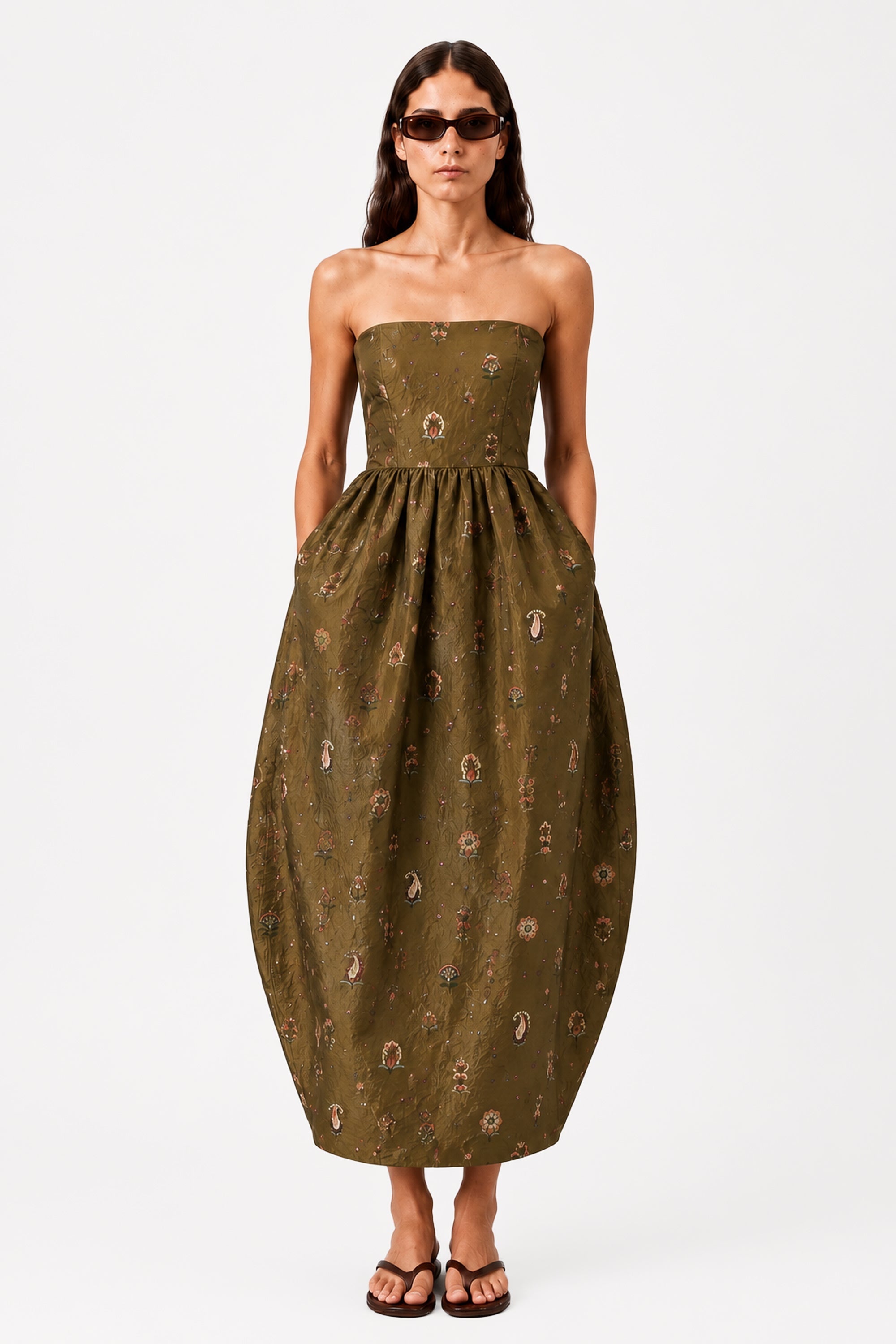 Olive strapless taffeta dress with fitted bodice and gathered midi skirt