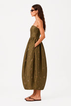 Olive strapless taffeta dress with sweetheart neckline and full gathered skirt