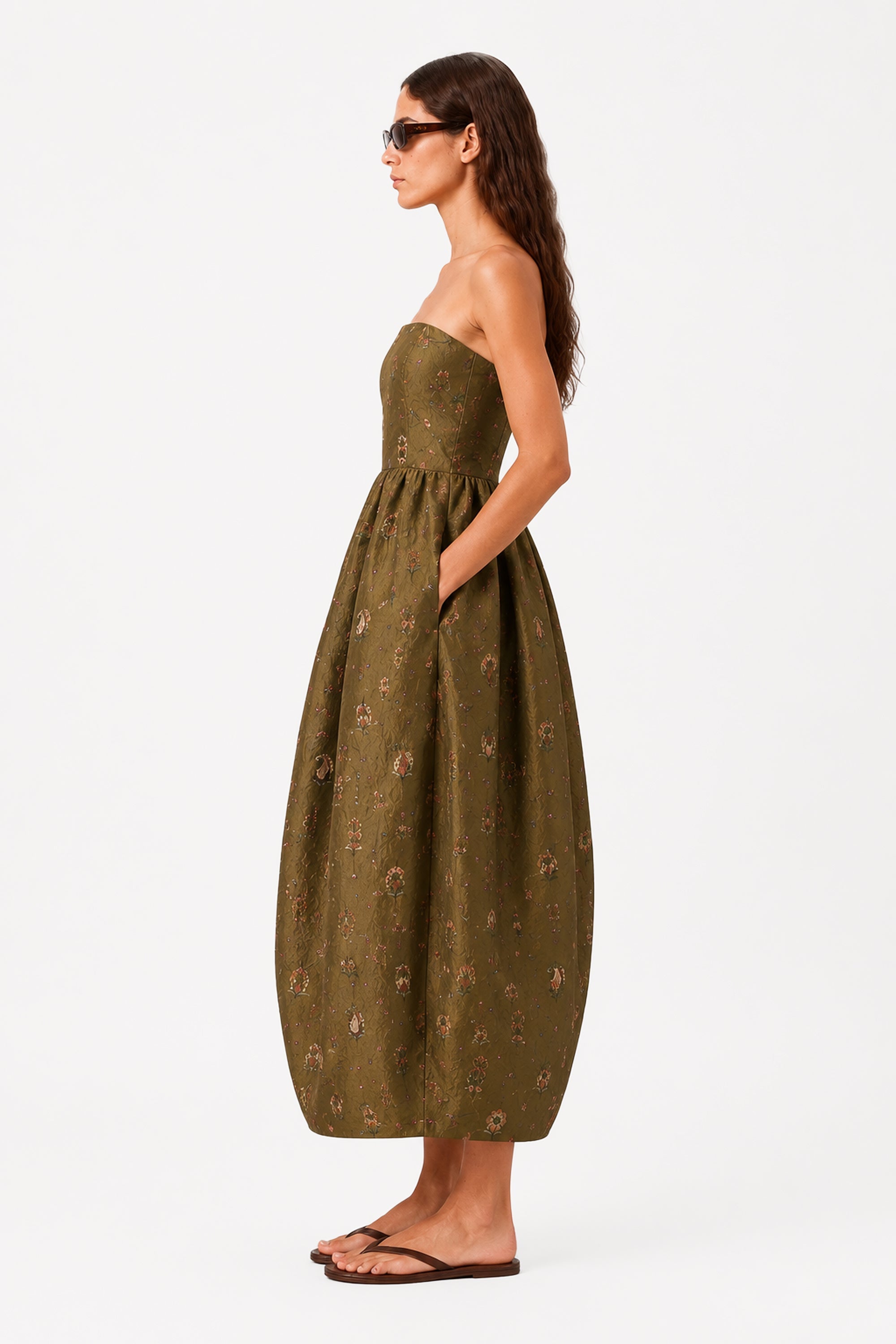 Olive strapless taffeta dress with sweetheart neckline and full gathered skirt