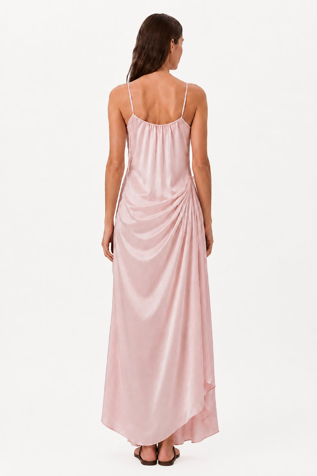 Blush pink maxi dress with draped back and thin spaghetti straps