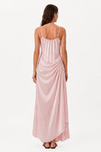 Blush pink maxi dress with draped back and thin spaghetti straps