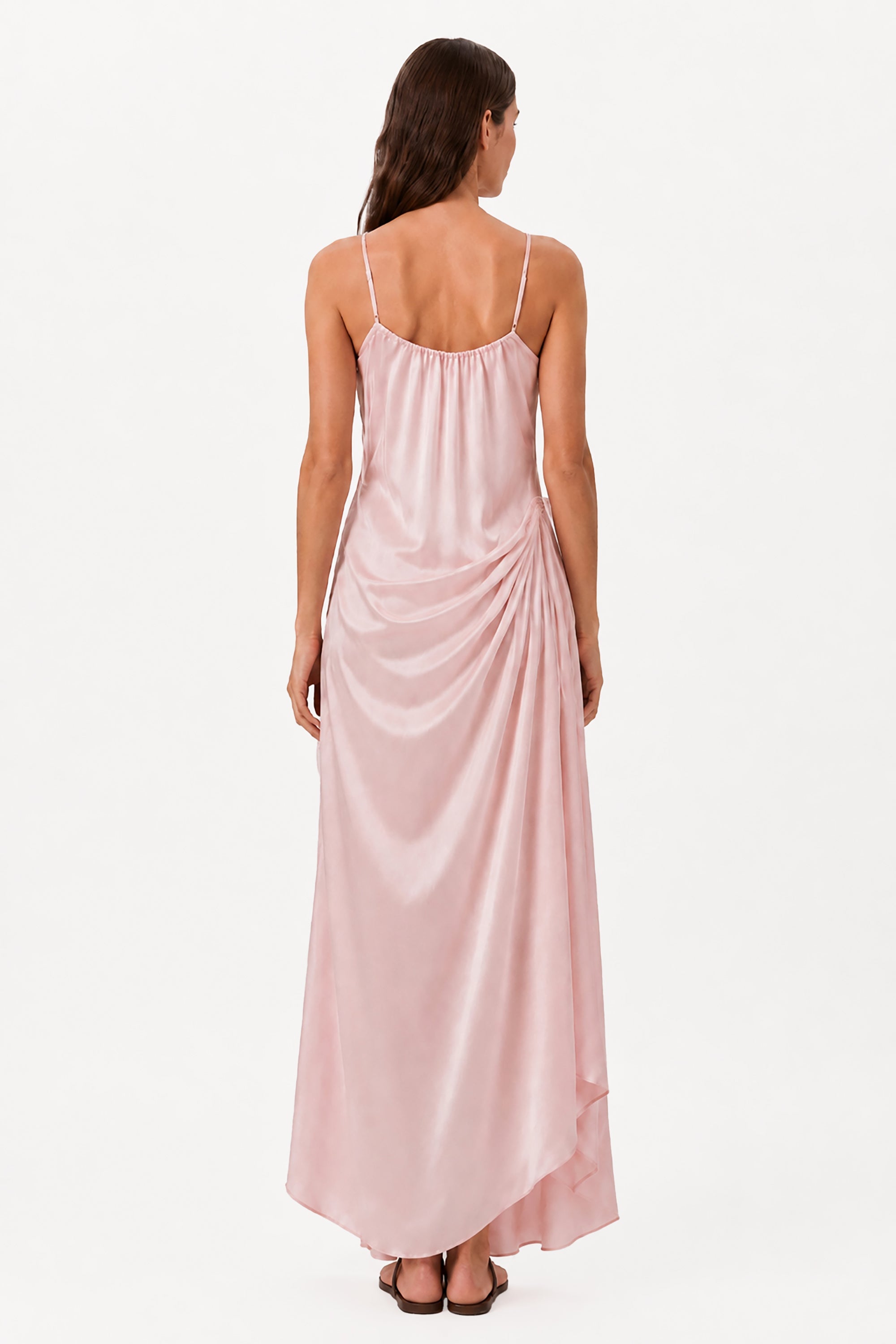 Blush pink maxi dress with draped back and thin spaghetti straps