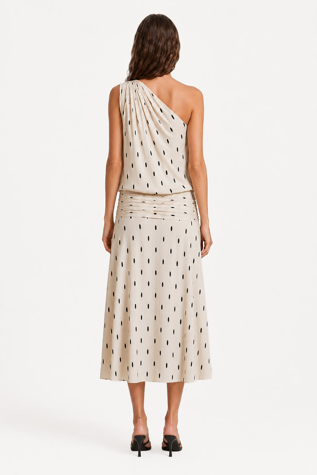 Ivory one-shoulder drape midi dress, back view, dotted print with waist tie