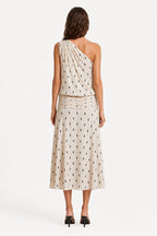 Ivory one-shoulder drape midi dress, back view, dotted print with waist tie