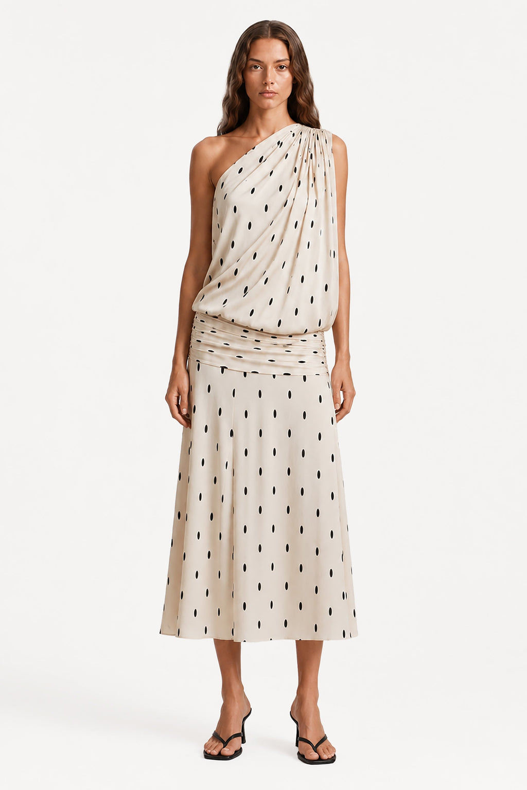 Ivory one-shoulder drape midi dress with dotted print and waist tie belt