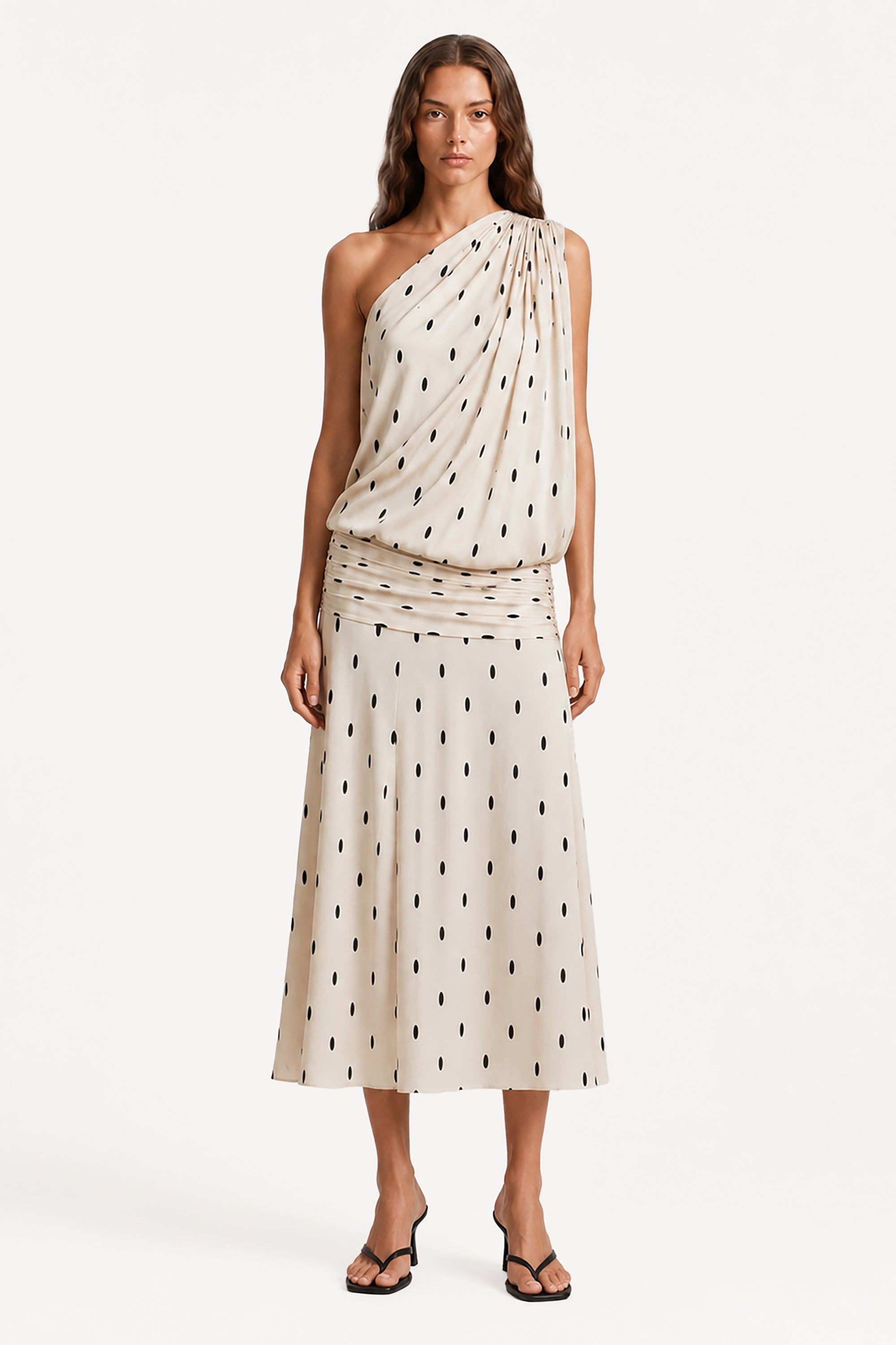 Ivory one-shoulder drape midi dress with dotted print and waist tie belt