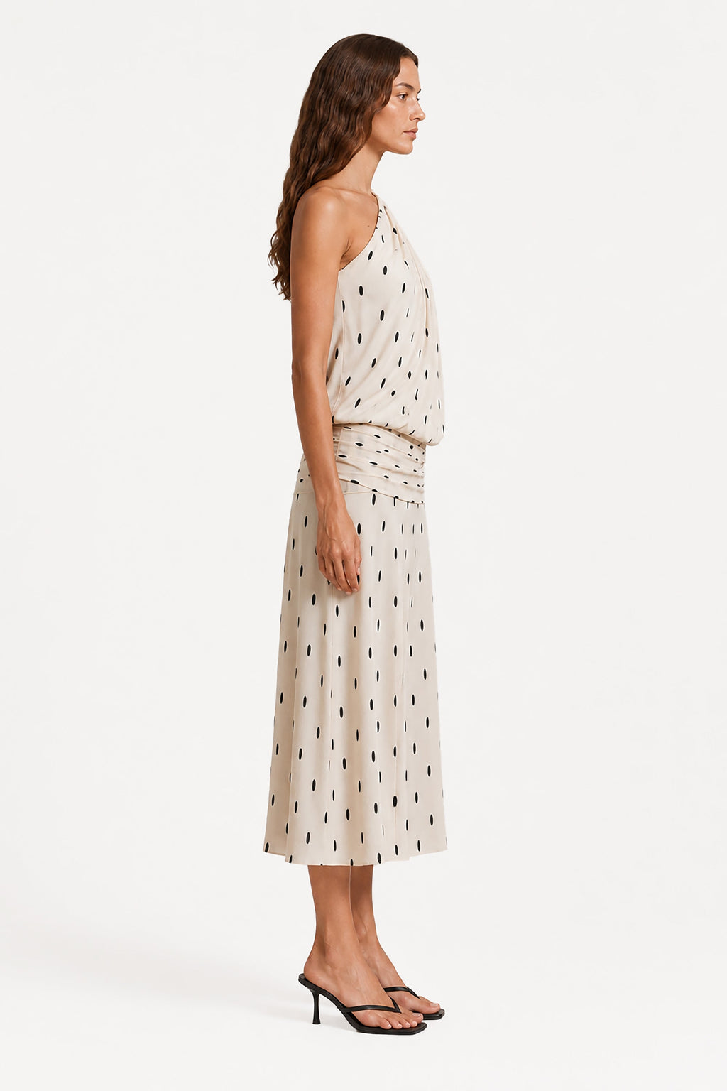 Ivory one-shoulder drape midi dress, side view, dotted print and waist tie