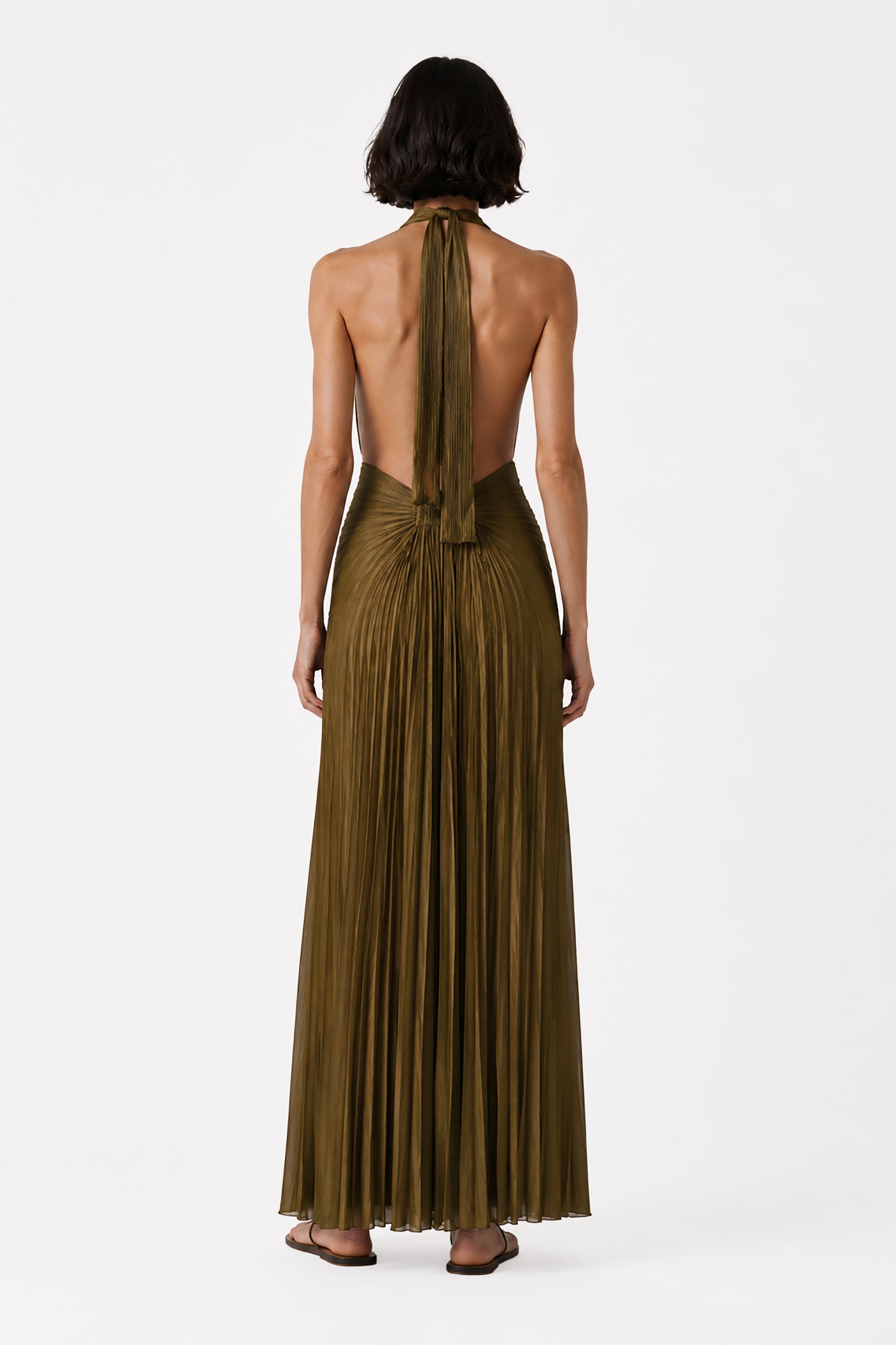 Olive pleated halter maxi gown with open back and long drape tie