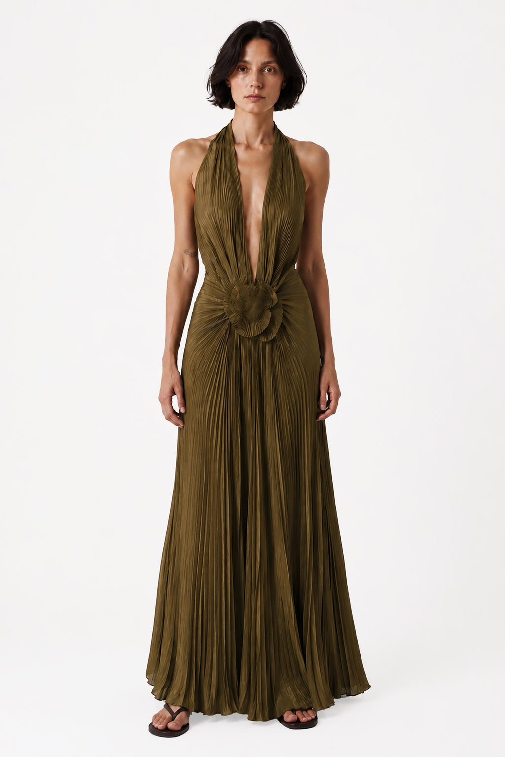 Olive halter maxi gown with pleated fabric and draped front detail