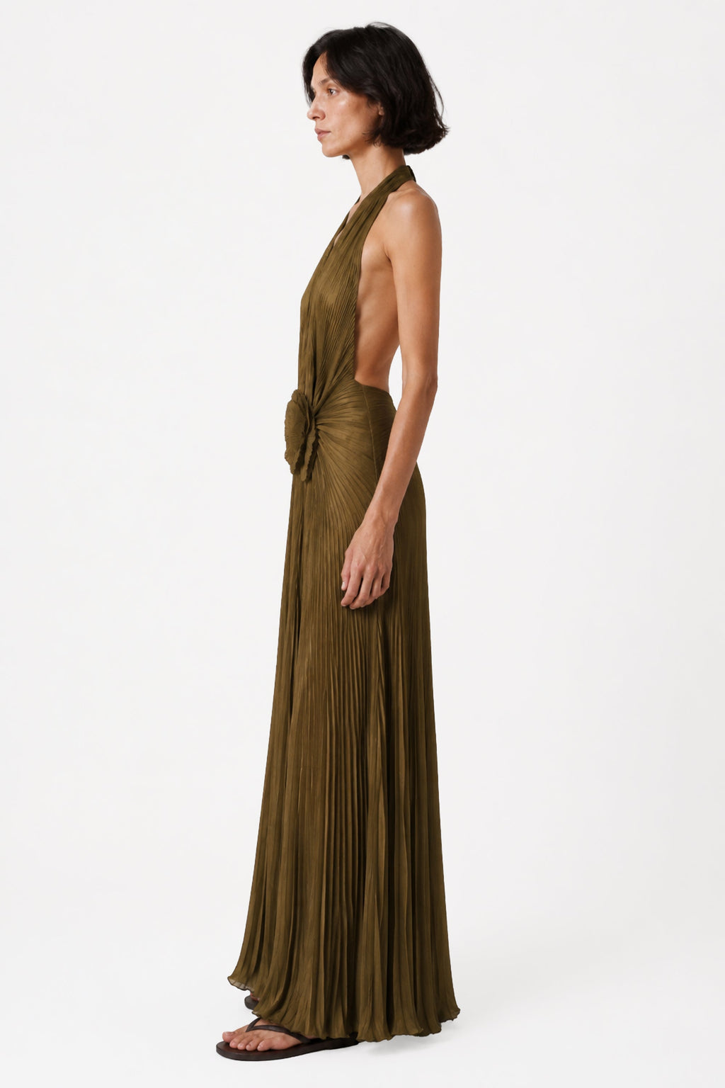 Olive pleated halter maxi dress with gathered waist and sleeveless silhouette