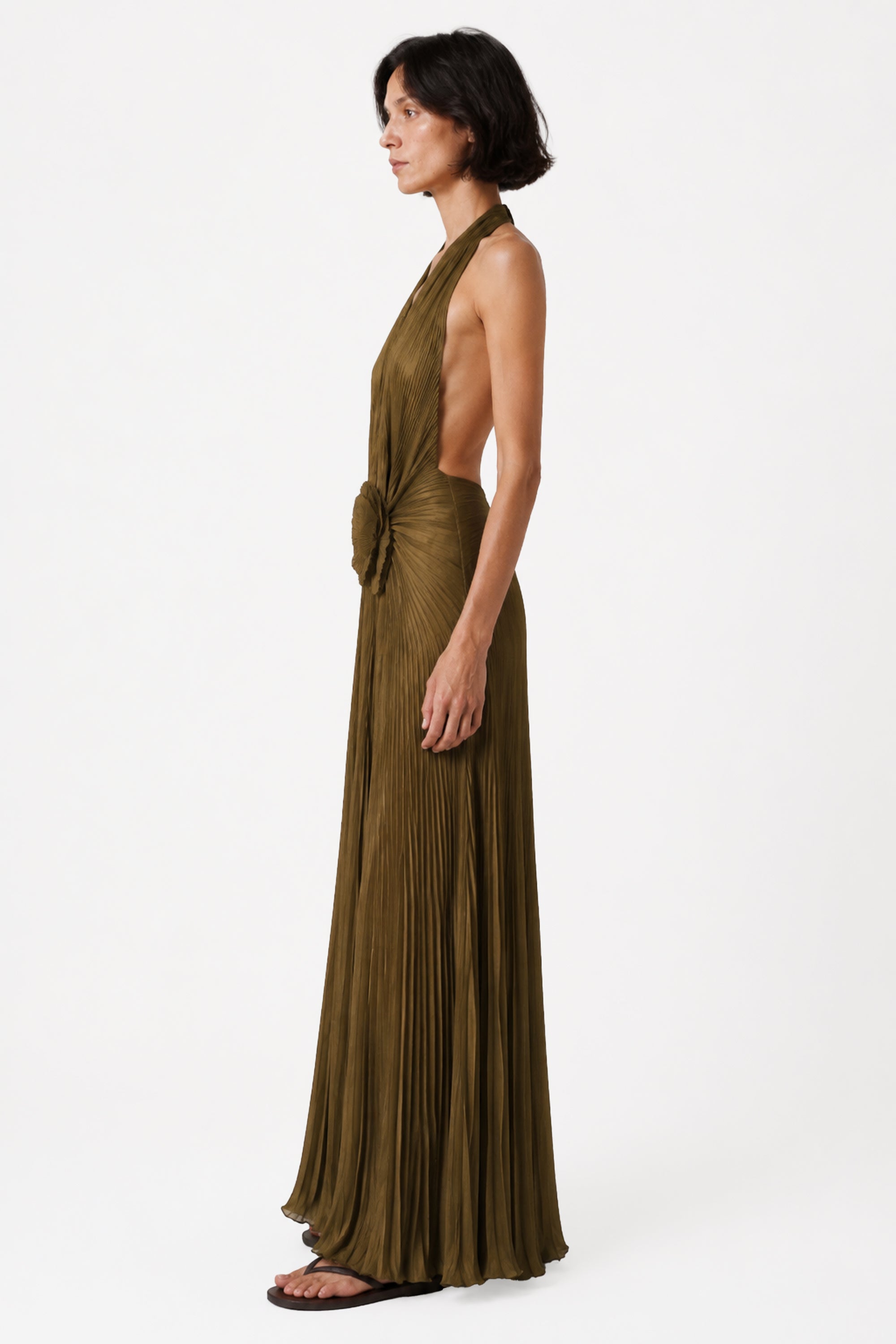 Olive pleated halter maxi dress with gathered waist and sleeveless silhouette
