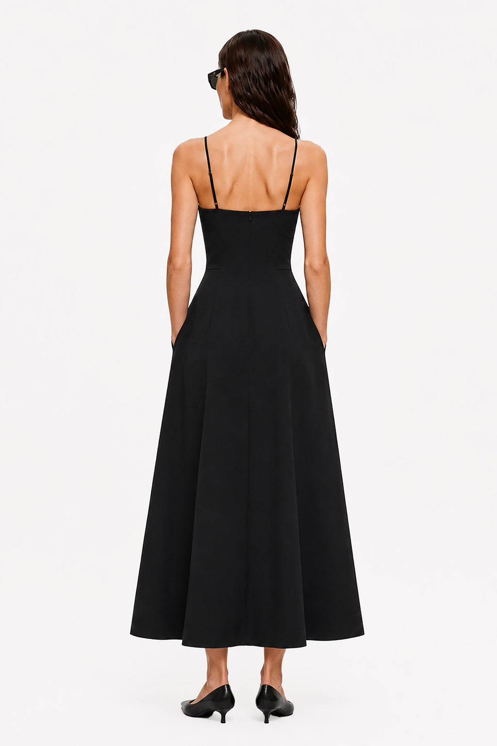 Black midi crepe dress with low-back straps and flared skirt, back view