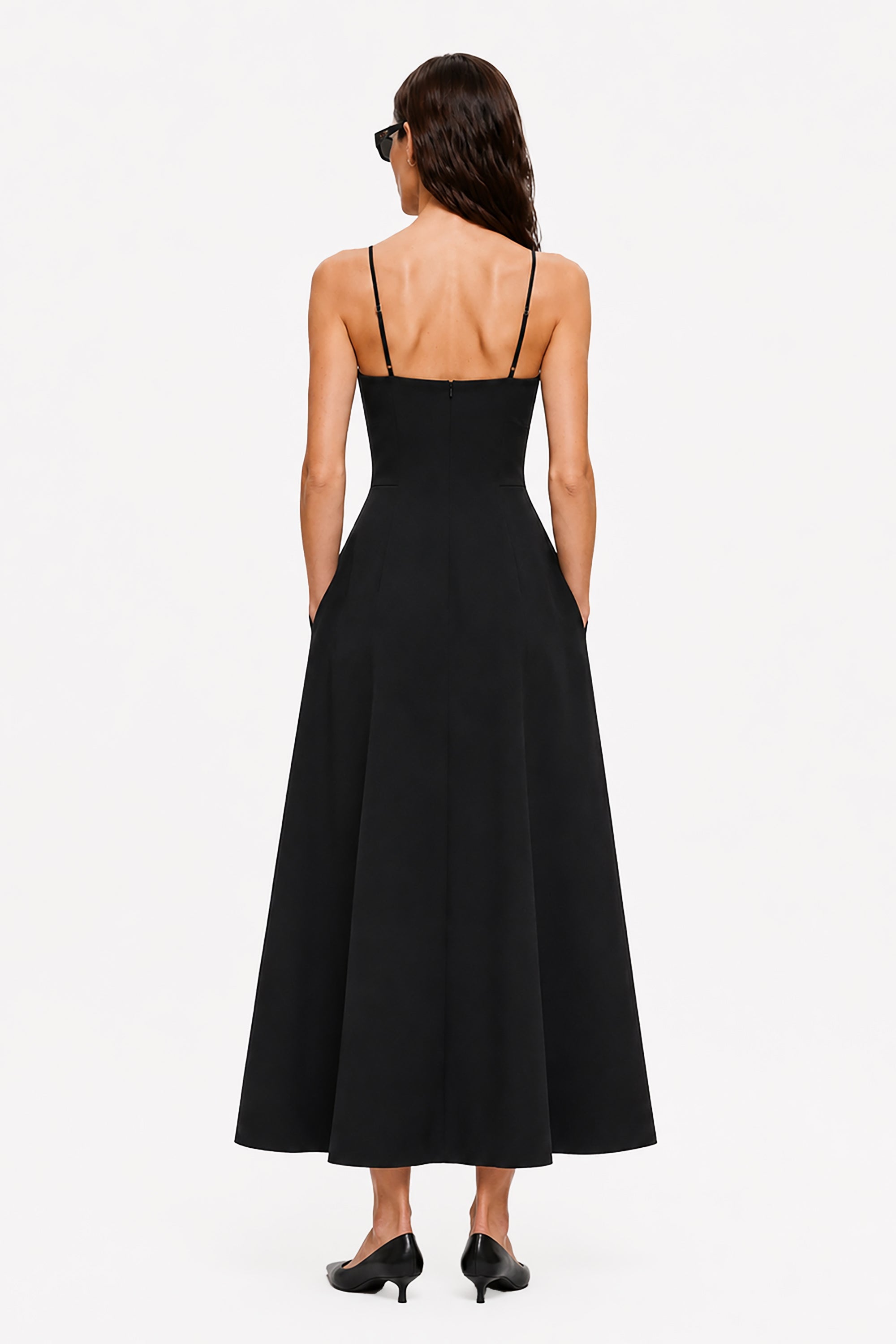 Black midi crepe dress with low-back straps and flared skirt, back view