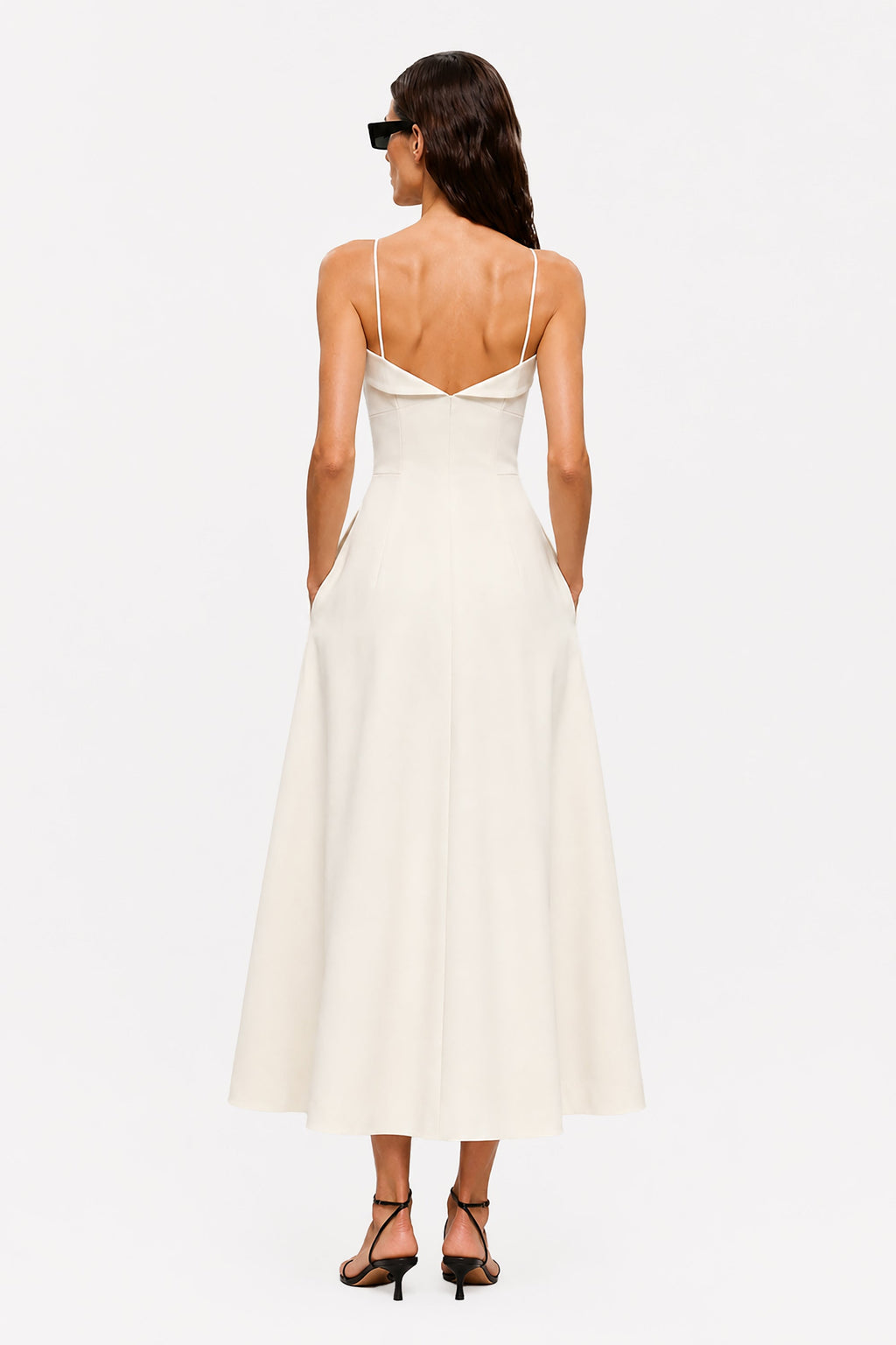Celeste crepe midi dress in ivory, low V-back, spaghetti straps, A-line midi skirt