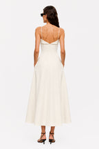 Celeste crepe midi dress in ivory, low V-back, spaghetti straps, A-line midi skirt