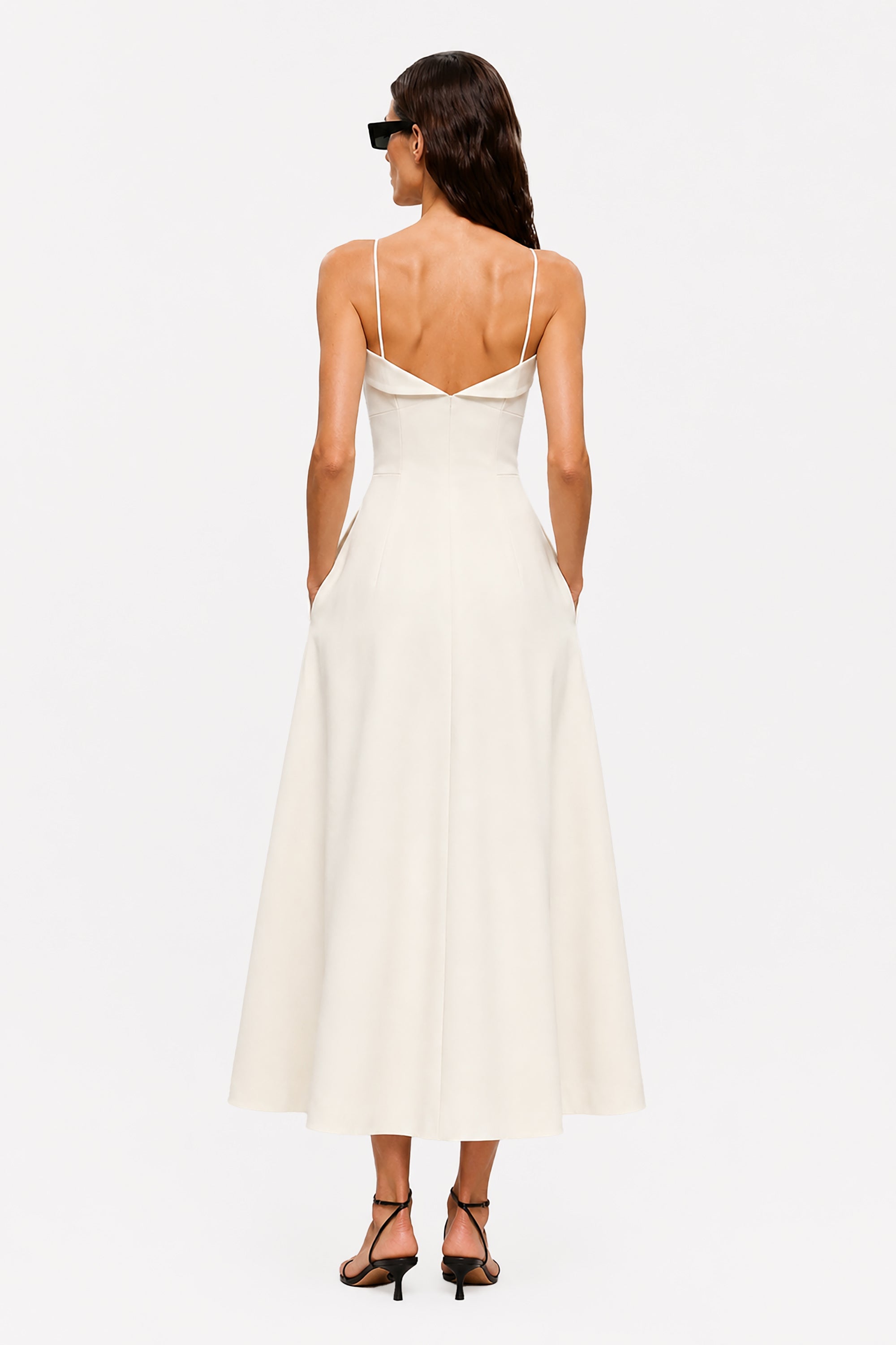 Celeste crepe midi dress in ivory, low V-back, spaghetti straps, A-line midi skirt