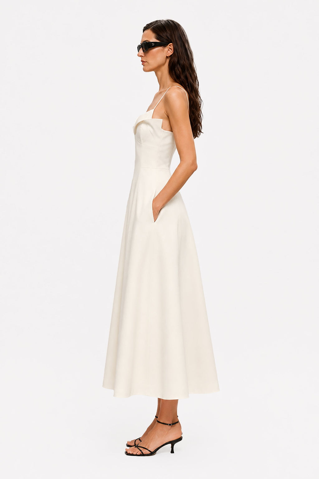 Celeste crepe midi dress in ivory, spaghetti straps, sweetheart neckline, A-line midi skirt