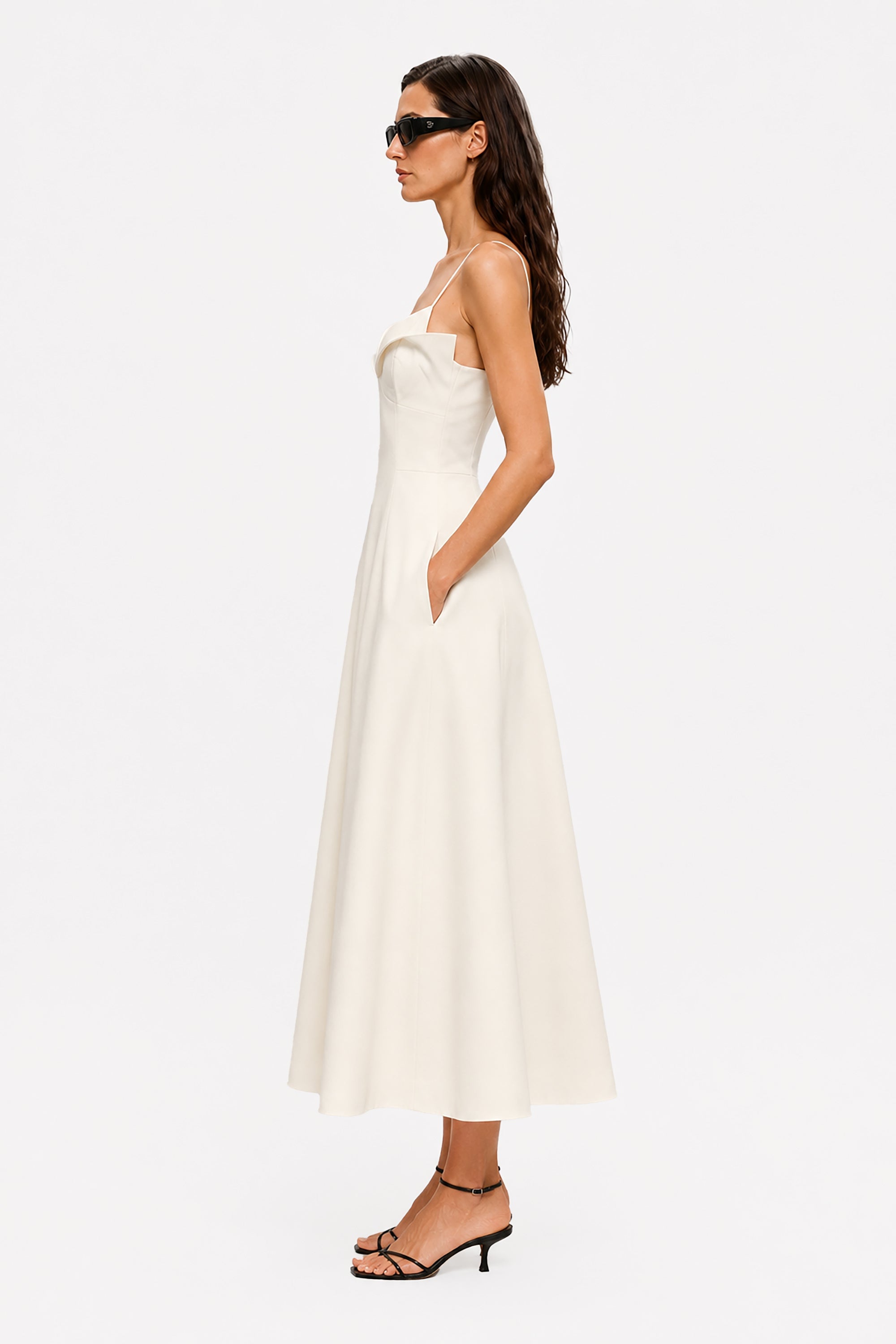 Celeste crepe midi dress in ivory, spaghetti straps, sweetheart neckline, A-line midi skirt