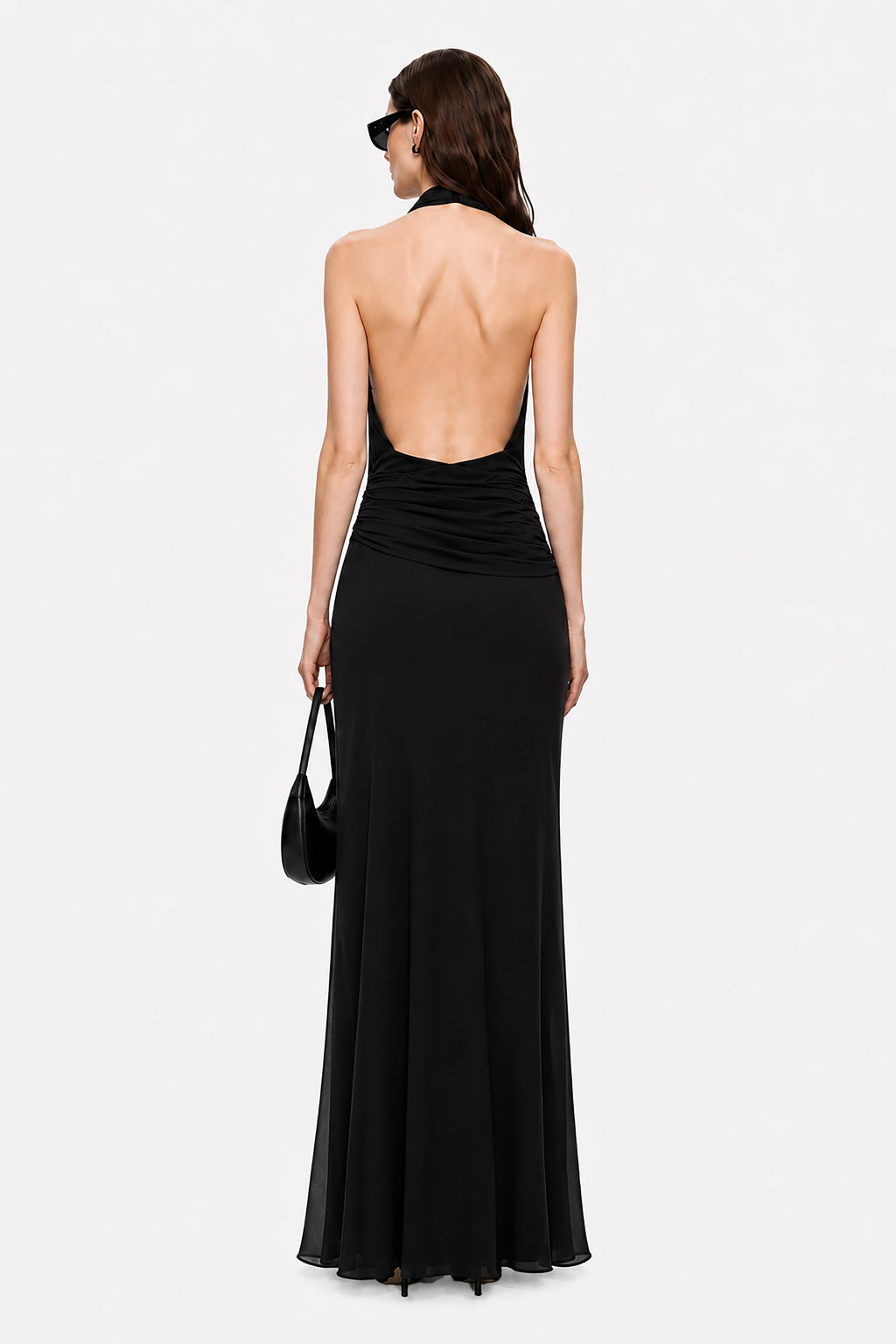 Black backless maxi dress with low scoop back and ruched draped waist