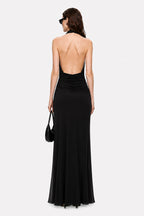 Black backless maxi dress with low scoop back and ruched draped waist