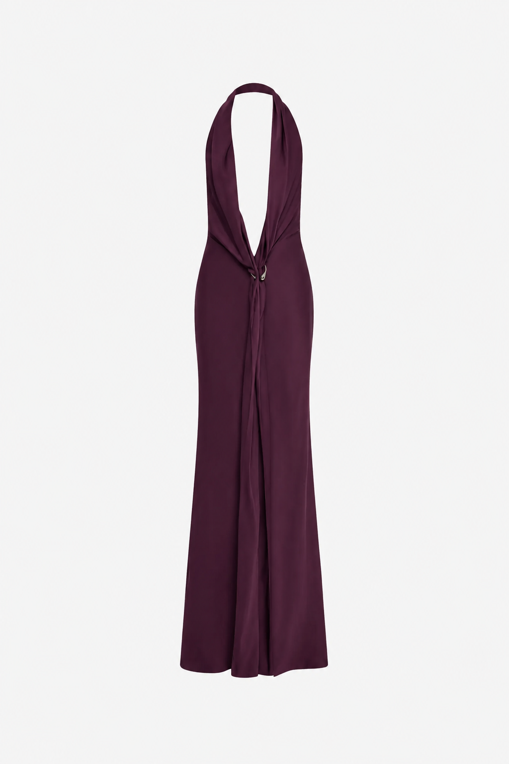 Eggplant satin dress back view with long neck tie and open V