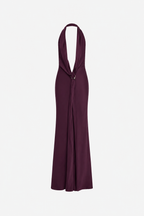 Eggplant satin dress back view with long neck tie and open V