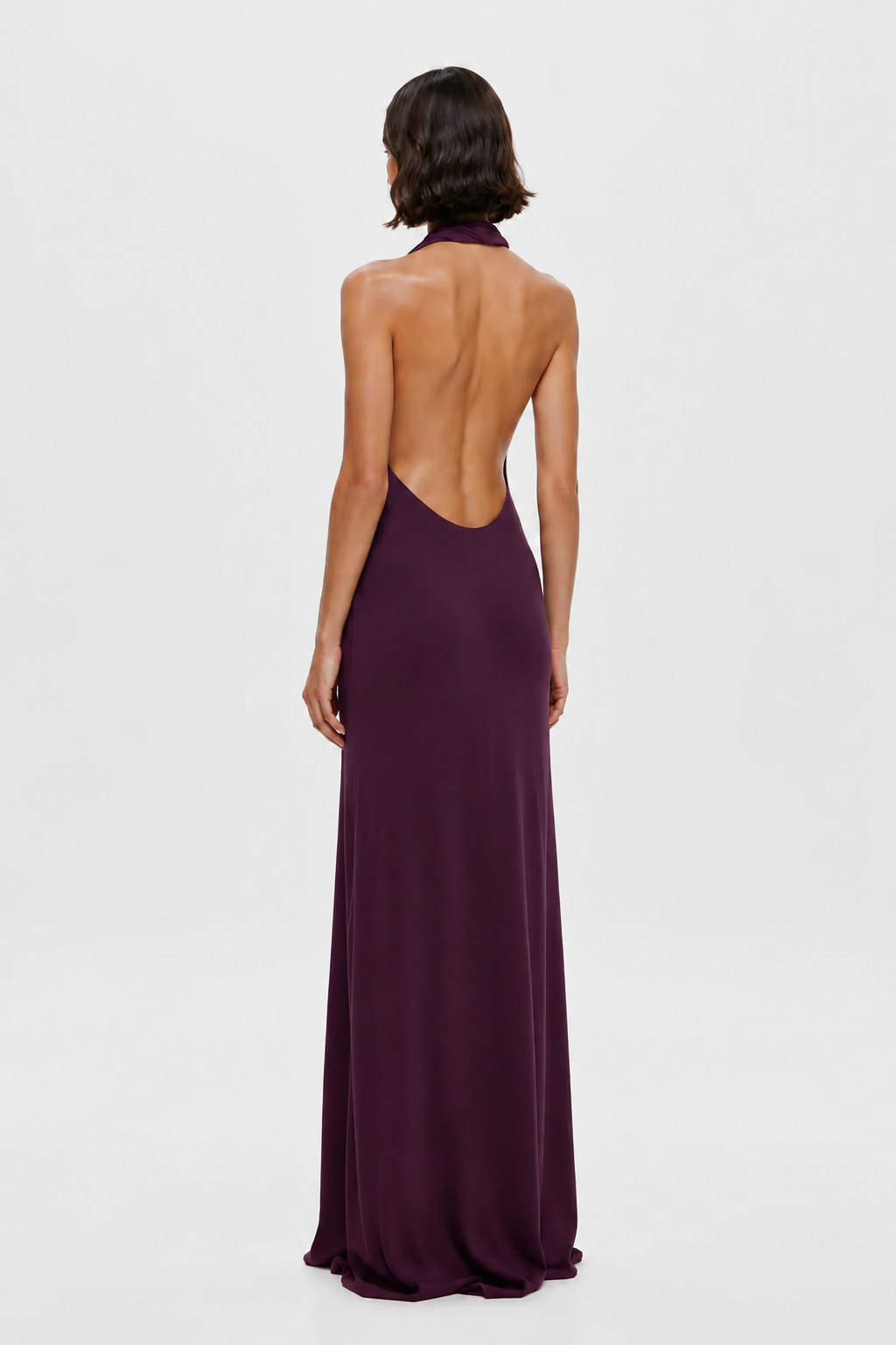 Eggplant satin dress, open back with V-shaped keyhole
