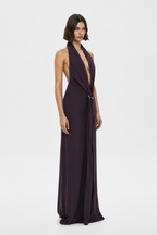 Eggplant satin halter dress with deep V neckline and draped tie detail