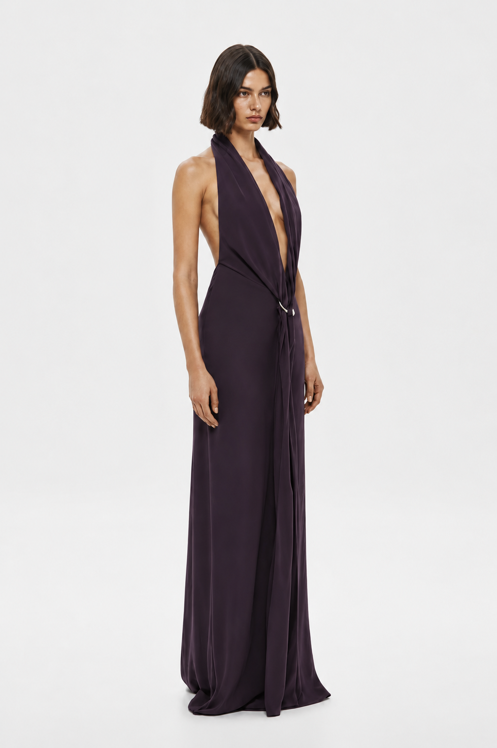 Eggplant satin halter dress with deep V neckline and draped tie detail