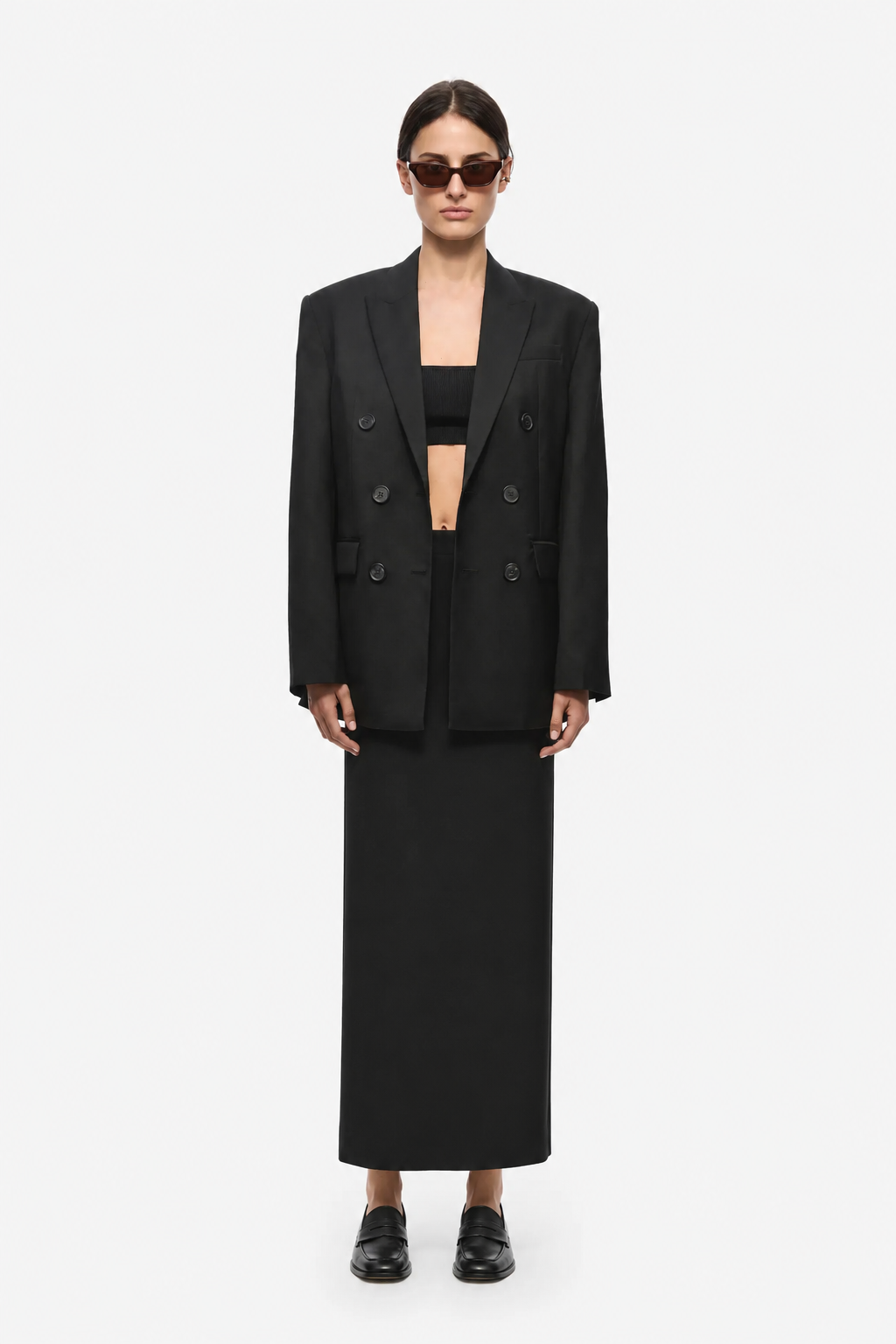 THE DREW black wool suiting blazer, notch lapels, double-breasted button front