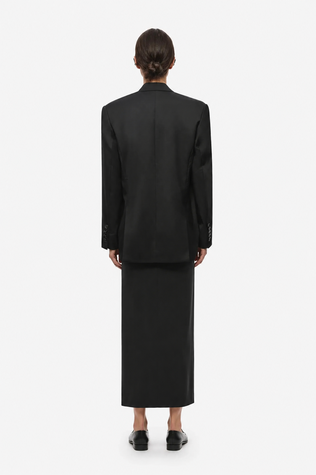 THE DREW black wool suiting blazer, back view with center seam and notched collar