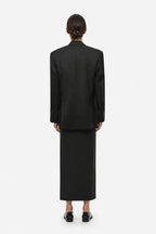THE DREW black wool suiting blazer, back view with center seam and notched collar
