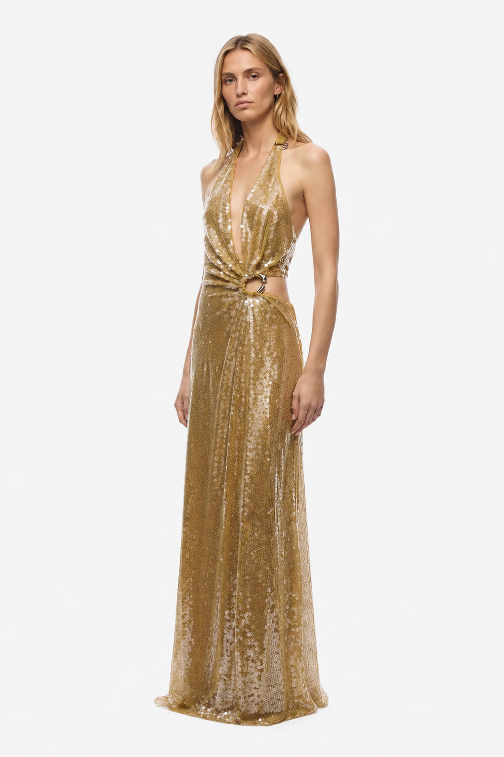 Gold sequin maxi dress with halter V-neck, fitted waist and floor-length skirt