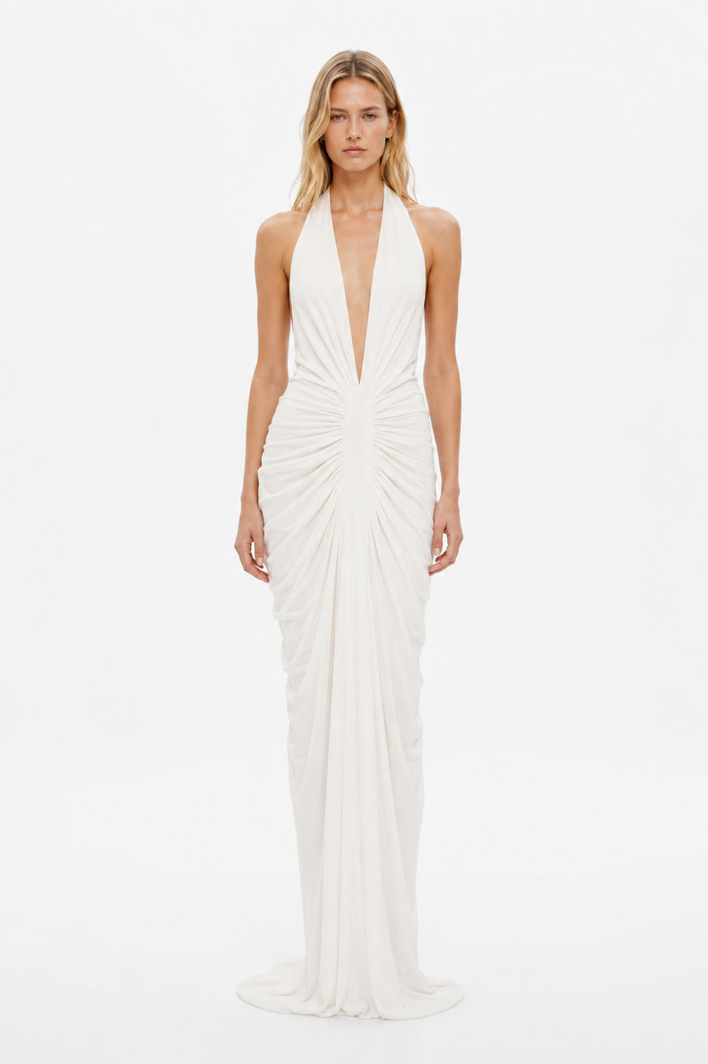 Ivory halter gathered cupro dress with deep V neckline and ruched bodice