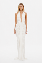 Ivory halter gathered cupro dress with deep V neckline and ruched bodice