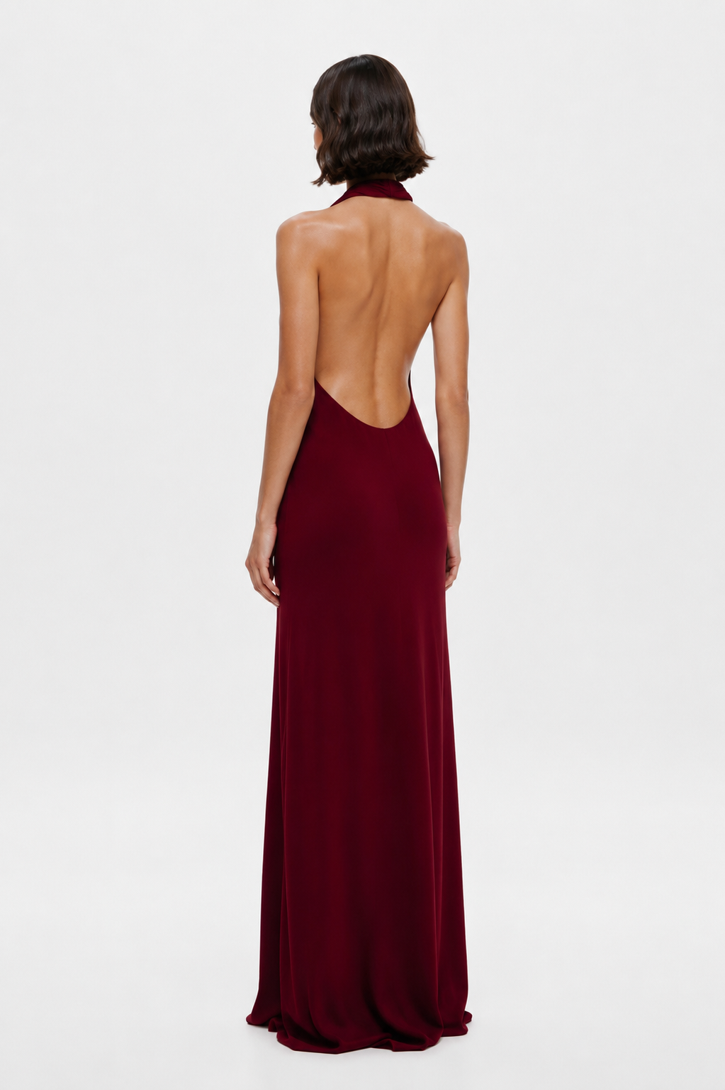 Jester red satin halter maxi dress, open back and low V at waist