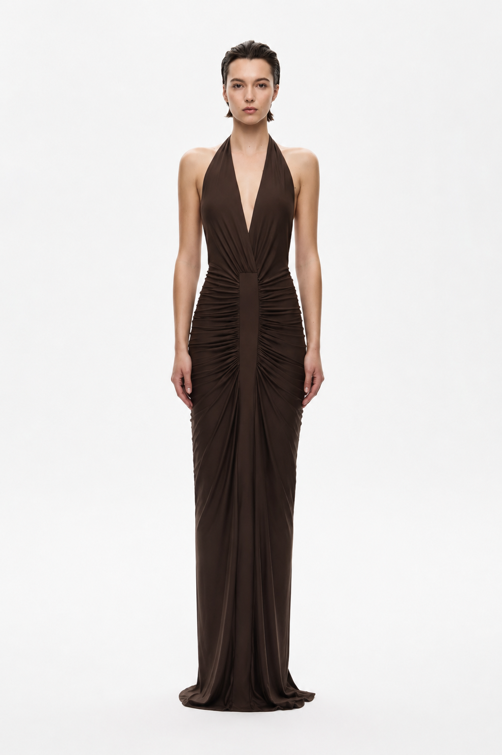 Chocolate gathered cupro halter maxi dress with V-neck and ruched draped waist