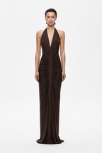 Chocolate gathered cupro halter maxi dress with V-neck and ruched draped waist
