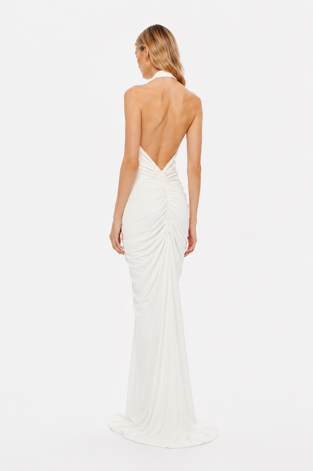 Ivory halter gathered cupro dress from back, open V neckline, ruched center