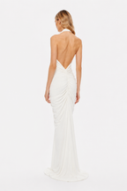 Ivory halter gathered cupro dress from back, open V neckline, ruched center